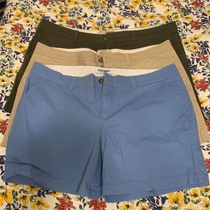 Lot of 3 Old Navy 5-inch khaki shorts, green, tan, and light blue, size 14
